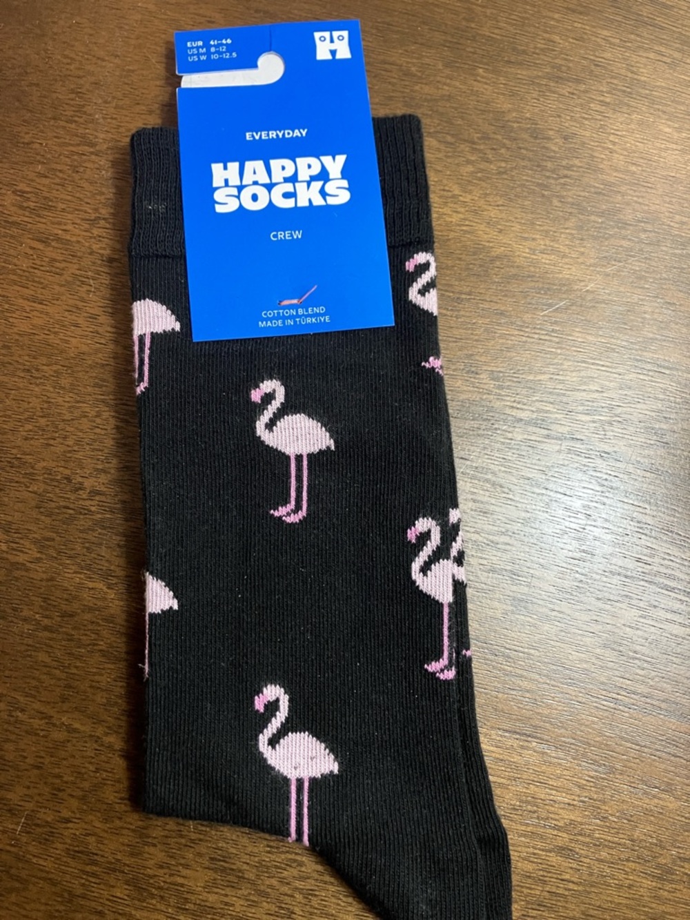 Happy Socks Black Crew Socks with Pink Flamingo Pattern